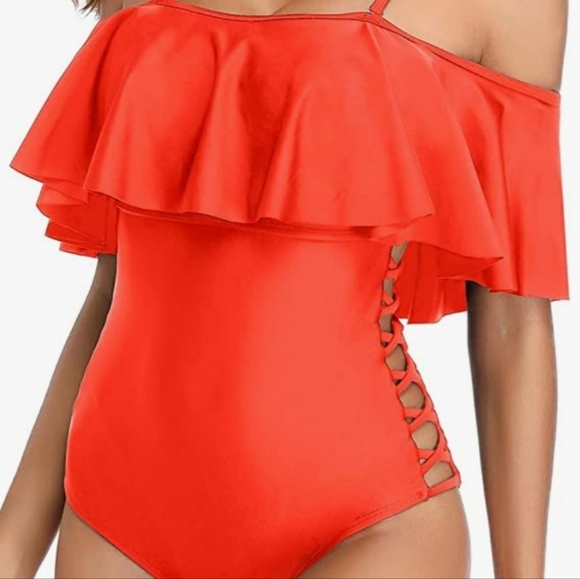 Holipick 1 pc. Red Off Shoulder Swimsuit With Lattice Side Opening NWT (… - Picture 8 of 14